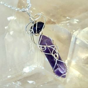 Amethyst Wire Wrapped Crystal Necklace, Natural Gemstone Healing Necklace